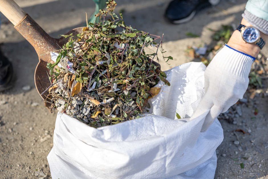 A gardener wearing a white glove is seen holding a white gardening bag filled with a mixture of pruned green ivy, small twigs, and dry leaves, likely collected during garden maintenance work. The gard